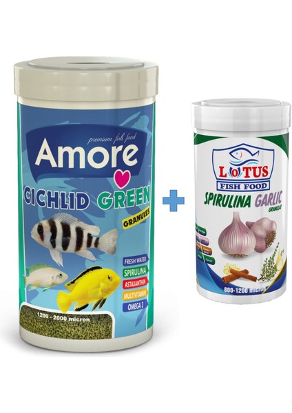 Cichlid Green Granules 1000ML + Lotus Spirulina Garlic 250ML Balık Yemi