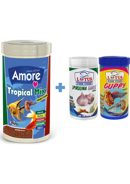 Tropical Mix Granules 250ML + Lotus Guppy 100ML + Spirulina Garlic 100ML Kutu Balık Yemi