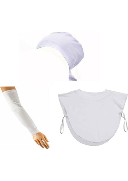 ALLURİNG Tesettür 3'lü Set: Beyaz Penye Bone, Boyunluk, Kolluk