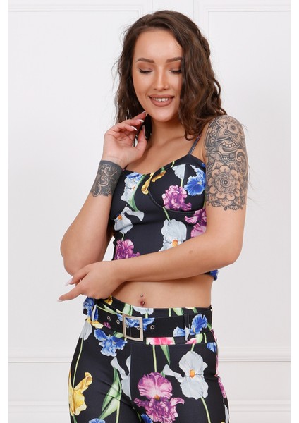 Fermuarlı Askılı Gloplu Bustiyer | BUS33442 Lale Desenli modelleri