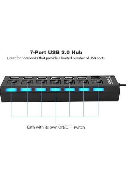 7 Port USB Çoklayıcı Çoğaltıcı Işıklı Hub USB 2.0 Switch Splitter 4874