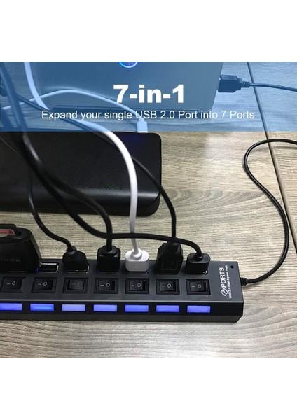 7 Port USB Çoklayıcı Çoğaltıcı Işıklı Hub USB 2.0 Switch Splitter 4874