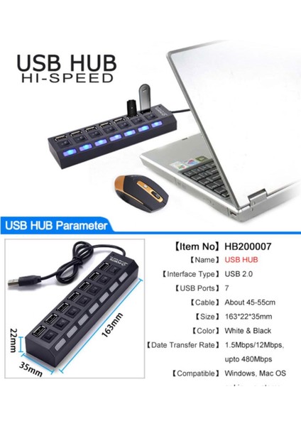 7 Port USB Çoklayıcı Çoğaltıcı Işıklı Hub USB 2.0 Switch Splitter 4874