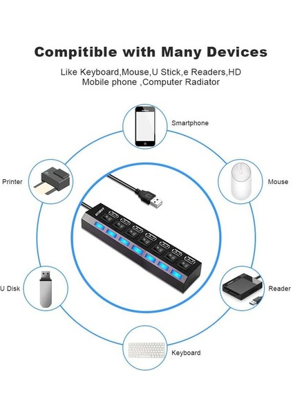 7 Port USB Çoklayıcı Çoğaltıcı Işıklı Hub USB 2.0 Switch Splitter 4874