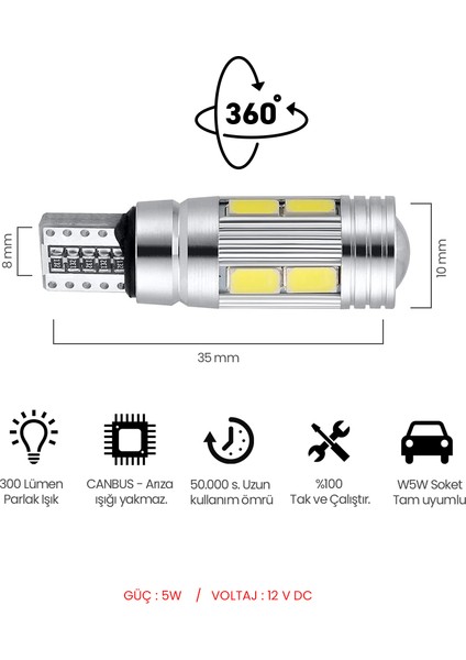 T10 Park Ampul Mercekli Canbus 10 Led W5W 194 Dipsiz 5730 Smd Çip 6500K Beyaz