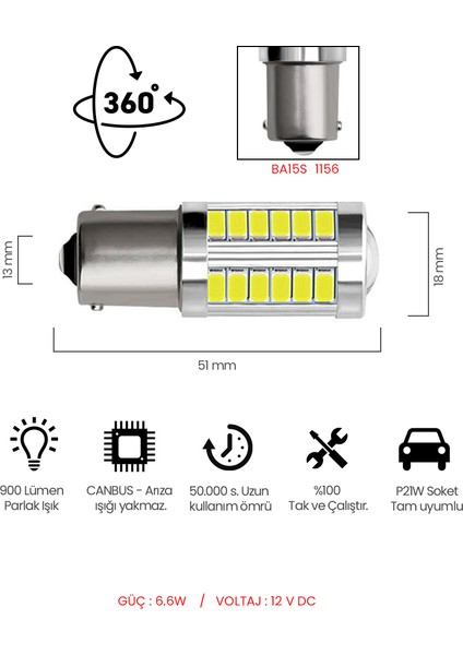 Stop Sinyal Geri Vites Ampulü Mercekli 33 Led P21W 6500K Beyaz