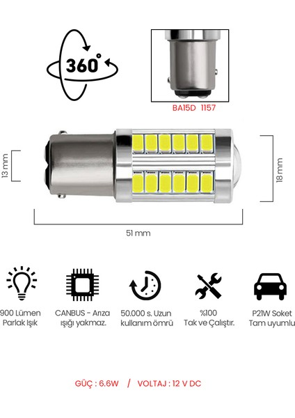 Stop Sinyal Geri Vites Ampul Mercekli 33 Led P21W 6500K Beyaz