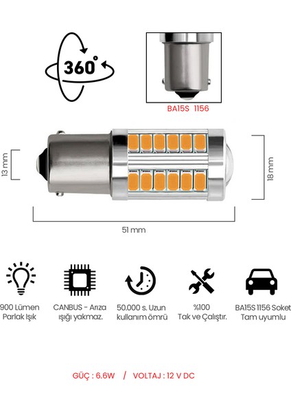 Stop Sinyal Geri Vites Ampul Mercekli 33 Led P21W 6500K Turuncu