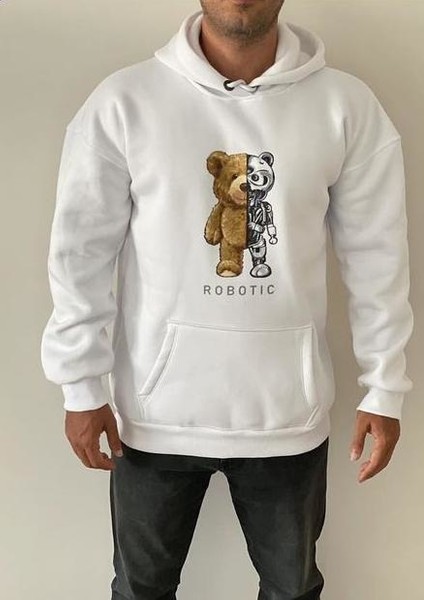 Robotıc Dijital Baskılı Kapüşonlu 4 Iplik Içi Komple Pamuk Modern Erkek Hoodie-Sweatshirt