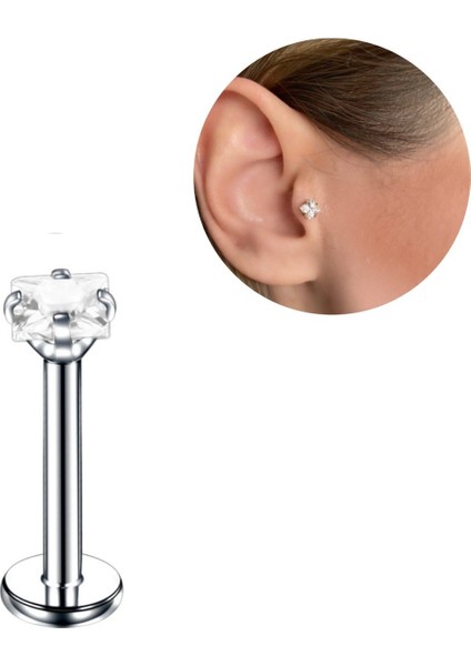 Cerrahi Çelik Kare Zirkon Taşlı Labrent Piercing Gümüş Rengi - 8 mm