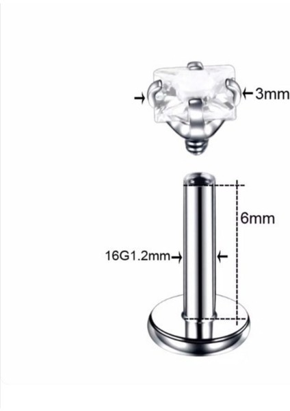 Cerrahi Çelik Kare Zirkon Taşlı Labrent Piercing Gümüş Rengi - 6 mm fiyatları