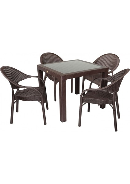 Elit Rattan 90 x 90 cm Eylül Koltuk Camlı Masa Takımı