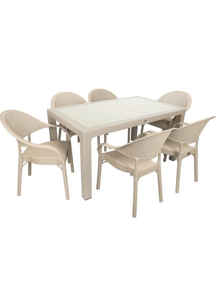 Rattan Masa Takımı 90x150 Camlı Masa 6 Kişilik Bambu Sandalye Seti Bahçe Balkon Teras Takımı