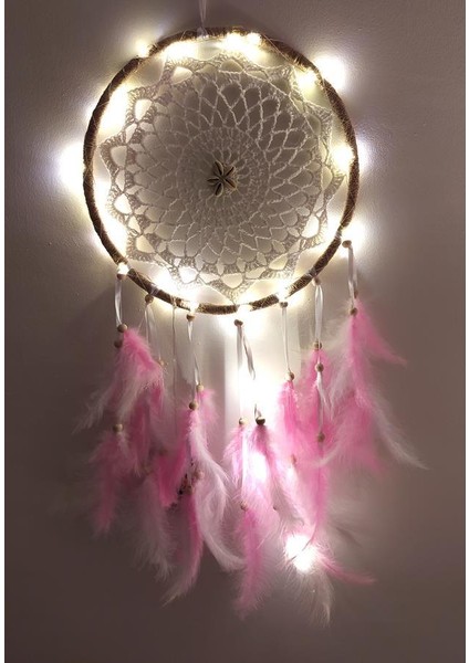 LED Işıklı Düş Kapanı Dreamcatcher Renkli Kuş Tüyü Rüya Kapanı Duvar Süsü Elişi