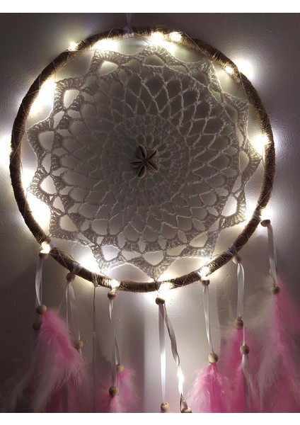 LED Işıklı Düş Kapanı Dreamcatcher Renkli Kuş Tüyü Rüya Kapanı Duvar Süsü Elişi