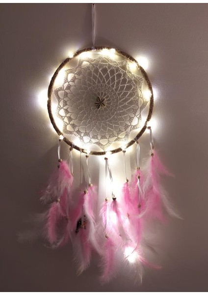 LED Işıklı Düş Kapanı Dreamcatcher Renkli Kuş Tüyü Rüya Kapanı Duvar Süsü Elişi