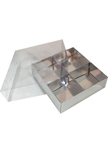 Asetat Kapaklı Karton Kutu 12 x 12 x 3 cm 4 Bölmeli Kutu - 10 Adet Gümüş