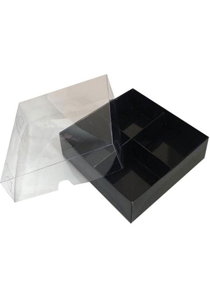 Asetat Kapaklı Karton Kutu 12 x 12 x 3 cm 4 Bölmeli Kutu - 10 Adet Siyah