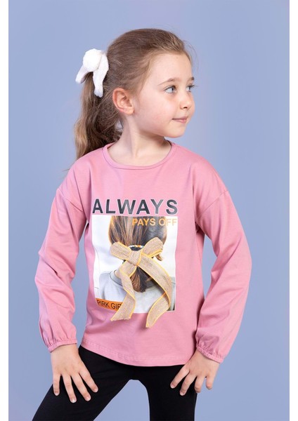 Toontoy Kız Çocuk Baskılı Kol Ucu Lastikli Tişört