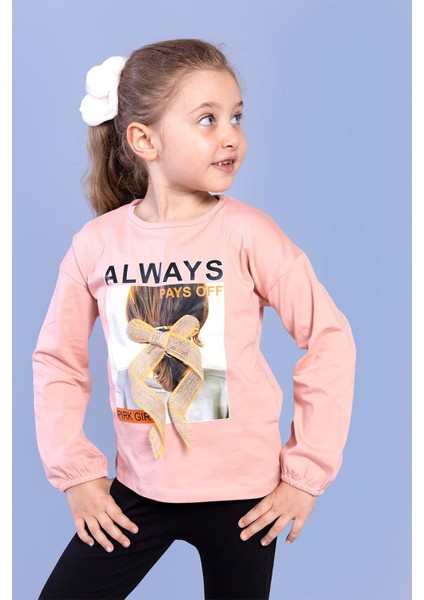 Toontoy Kız Çocuk Baskılı Kol Ucu Lastikli Tişört