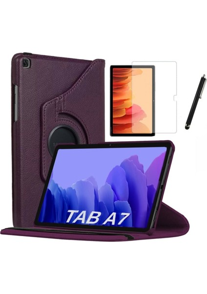 Samsung Galaxy Tab A7 SM-T500 2020 10.4" Kılıf + Ekran Koruyucu + Kalem Uyku Modlu 360 Derece Dönebilen Standlı Tablet Kılıfı Mor