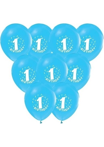 1 Yaş Baskılı Mavi Balon 10 Adet