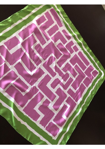 Yeşil & Pembe Geometrik Desen Ipek Saten Fular