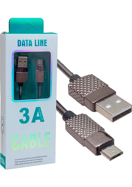 3 Amper Metal Yaylı Mıcro USB Data ve Şarj Kablosu 1 Metre