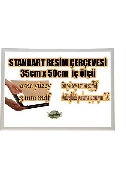 MİXEFOR Boş Çerçeve - 35CM x 50CM Iç Ölçü -Renk BEYAZ -Arka Yüzey 3mm Mdf- Ön yüzey Kırılmaz parlama yapmayan Antireflektif