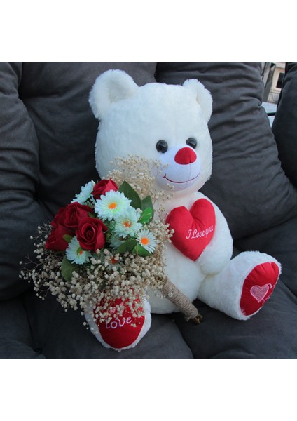 Sevgiliye Sevimli Beyaz Ayıcık 50 cm Gül & Papatya Cipsolarla Sarılı Buket Set Hediye