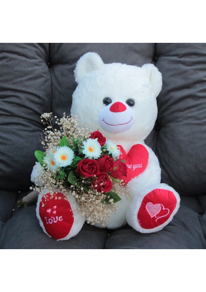Sevgiliye Sevimli Beyaz Ayıcık 50 cm Gül & Papatya Cipsolarla Sarılı Buket Set Hediye modelleri