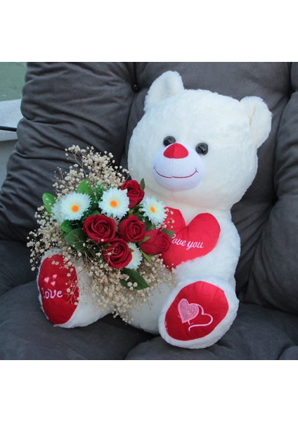 Sevgiliye Sevimli Beyaz Ayıcık 50 cm Gül & Papatya Cipsolarla Sarılı Buket Set Hediye indirimleri