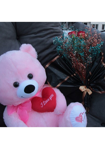 Sevimli Pembe Peluş Ayıcık Kalpli 50 cm Gül & Cipso Sarmalı Romantik Çiçek Demet Set Sevgiliye Hediye