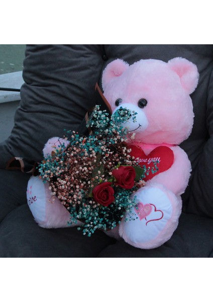 Sevimli Pembe Peluş Ayıcık Kalpli 50 cm Gül & Cipso Sarmalı Romantik Çiçek Demet Set Sevgiliye Hediye fiyatları