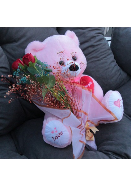 Sevgiliye Hediye Sevimli Pembe Peluş Ayıcık Kalpli 50 cm Gül & Cipso Sarmalı Romantik Çiçek Demet Set modelleri