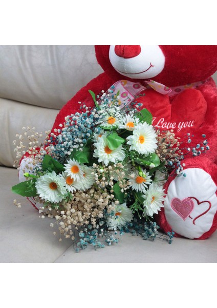 Sevgiliye Sevimli Kırmızı Ayıcık 50 cm Papatya Cipsolarla Sarılı Buket Set Hediye