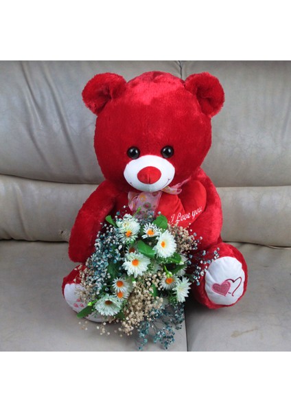 Sevgiliye Sevimli Kırmızı Ayıcık 50 cm Papatya Cipsolarla Sarılı Buket Set Hediye modelleri