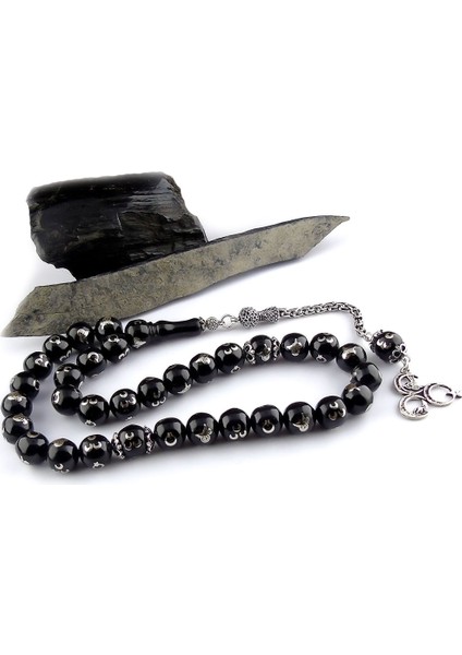 Tuğra Ayyıldız Üç Hilal Işlemeli Oltu Tesbih