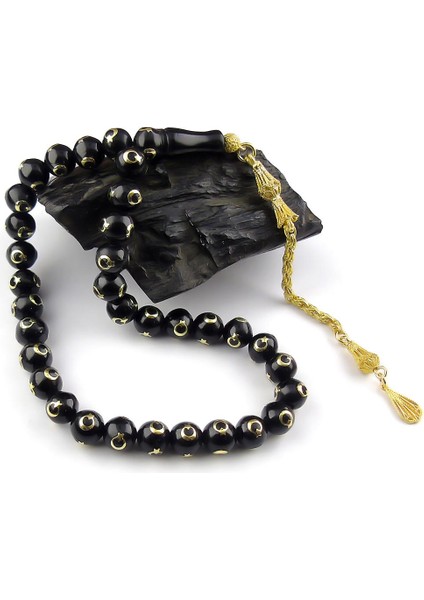 Bilek Boy Sarı Ayyıldız Işlemeli Oltu Tesbih