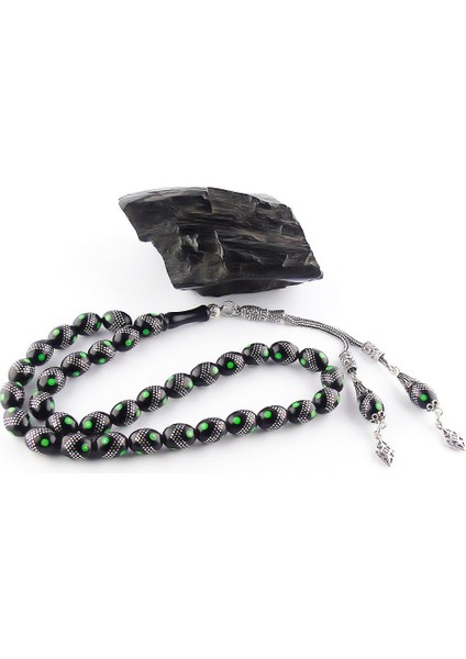 Gümüş Püsküllü Gümüş Işlemeli Oltu Tesbih