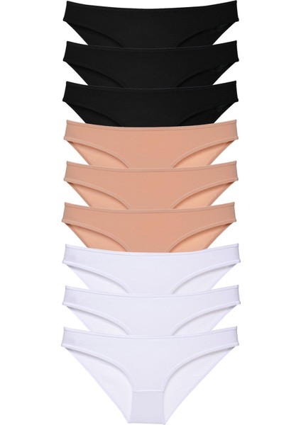 9 Adet Süper Eko Set Likralı Kadın Slip Külot Siyah Ten Beyaz