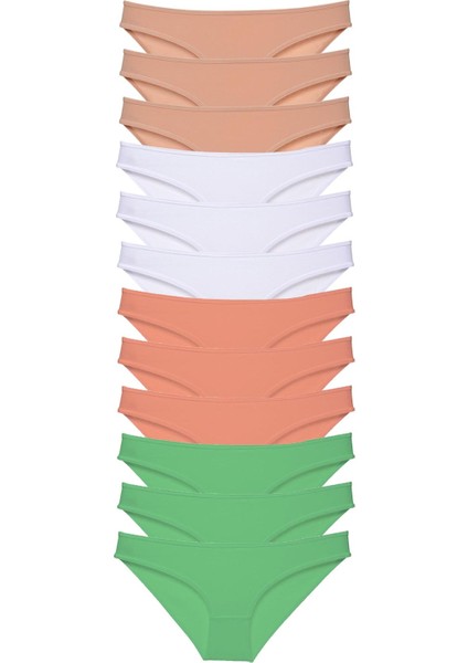 12 Adet Süper Eko Set Likralı Kadın Slip Külot Ten Beyaz Pudra Yeşil