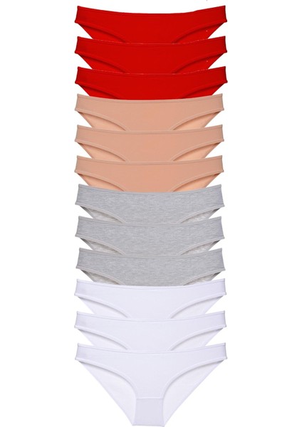 12 Adet Süper Eko Set Likralı Kadın Slip Külot Kırmızı Ten Gri Beyaz