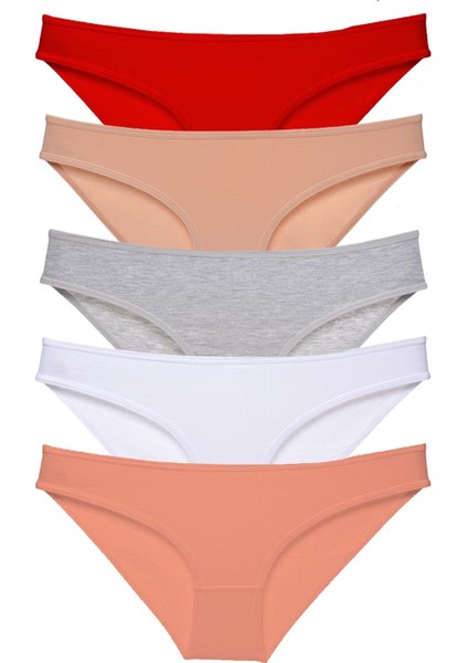 5 Adet Süper Eko Set Likralı Kadın Slip Külot Kırmızı Ten Gri Beyaz Pudra