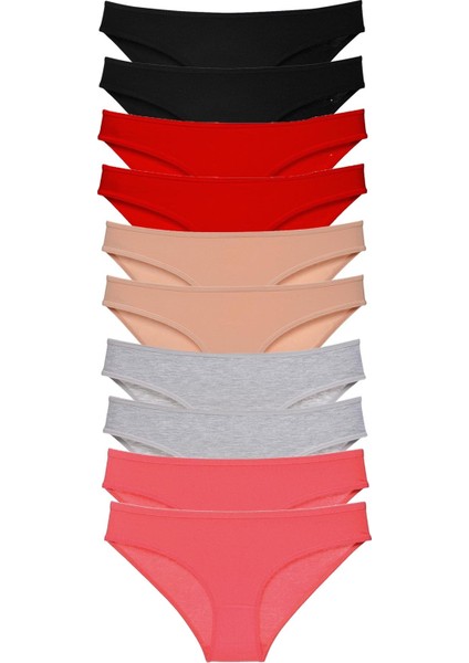10 Adet Süper Eko Set Likralı Kadın Slip Külot Siyah Kırmızı Ten Gri Fuşya