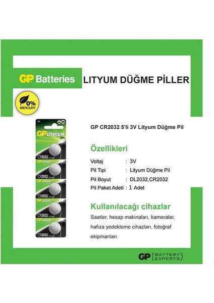 3 Volt Gp Cere2032 Lityum Düğme Para Pil 2032 Bios Kepenk Kumanda Hesap Makinesi Lithum Pili 10 Adet