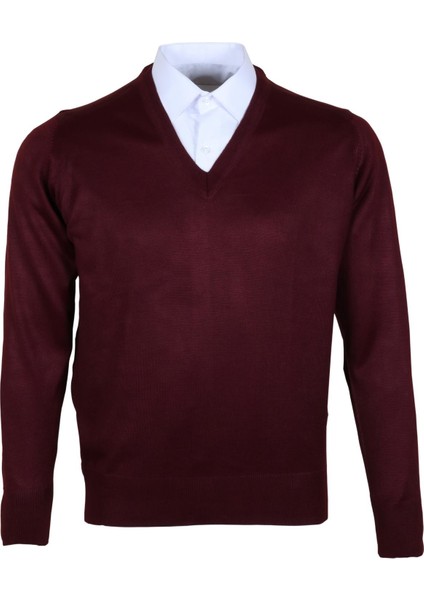Erkek Yünlü Kazak Süveter V Yaka Kollu Normal Klasik Kesim RAR00354