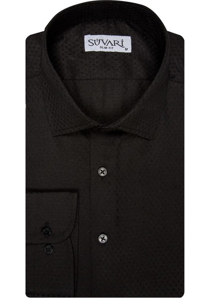 Slim Fit Armürlü Siyah Erkek Gömlek