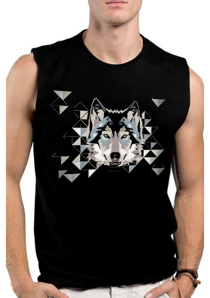 Geometrik Kurt Siyah Kesik Kol | Kolsuz Erkek T-Shirt | Atlet