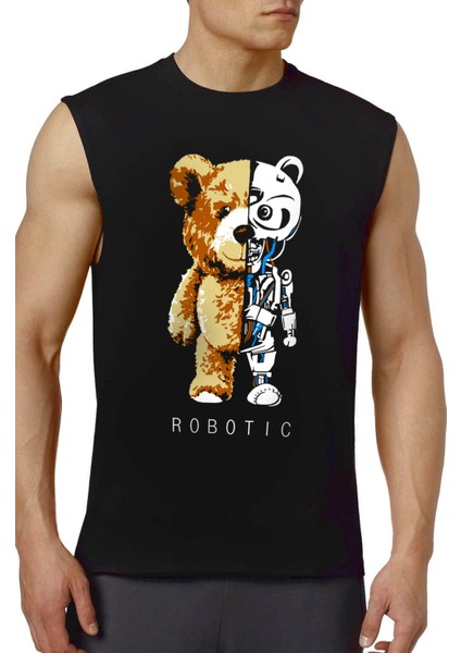 Robot Ayı Siyah Kesik Kol | Kolsuz Erkek T-Shirt | Atlet